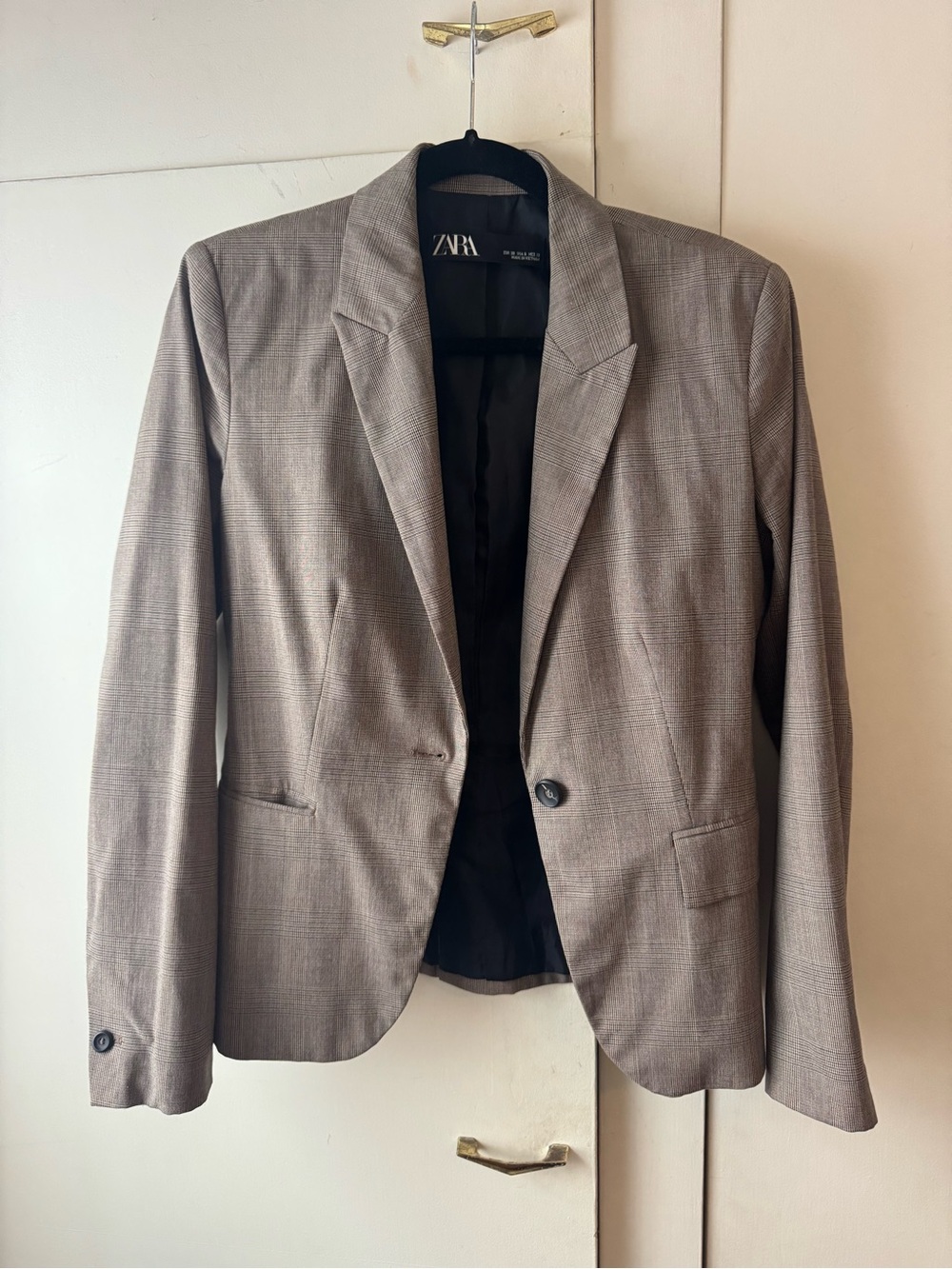 Zara Taupe-Gray Plaid Single-Button Blazer